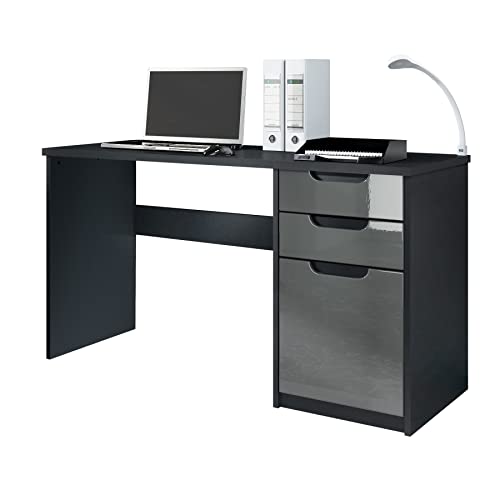 Vladon Schreibtisch Logan, Made in Germany, Bürotisch mit 2 Schubladen und 1 Tür, Schwarz matt/Grau Hochglanz (129 x 76 x 60 cm) von Vladon