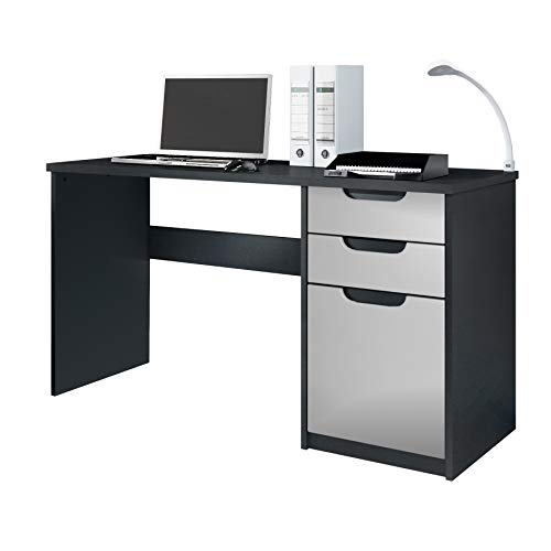Vladon Schreibtisch Logan, Made in Germany, Bürotisch mit 2 Schubladen und 1 Tür, Schwarz matt/Hellgrau seidenmatt (129 x 76 x 60 cm) von Vladon