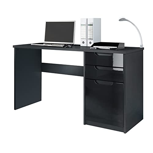 Vladon Schreibtisch Logan, Made in Germany, Bürotisch mit 2 Schubladen und 1 Tür, Schwarz matt/Schwarz Hochglanz (129 x 76 x 60 cm) von Vladon
