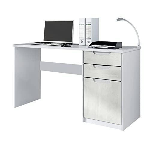 Vladon Schreibtisch Logan, Made in Germany, Bürotisch mit 2 Schubladen und 1 Tür, Weiß matt/Beton Oxid Optik (129 x 76 x 60 cm) von Vladon