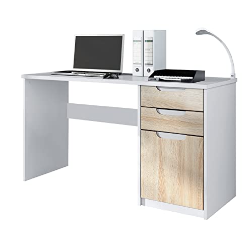 Vladon Schreibtisch Logan, Made in Germany, Bürotisch mit 2 Schubladen und 1 Tür, Weiß matt/Eiche Sägegrau (129 x 76 x 60 cm) von Vladon