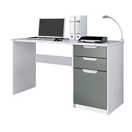 Vladon Schreibtisch Logan, Made in Germany, Bürotisch mit 2 Schubladen und 1 Tür, Weiß matt/Graphit Seidenmatt (129 x 76 x 60 cm) von Vladon
