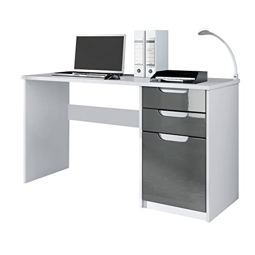 Vladon Schreibtisch Logan, Bürotisch mit 2 Schubladen und 1 Tür, Weiß matt/Grau Hochglanz (129 x 76 x 60 cm) von Vladon