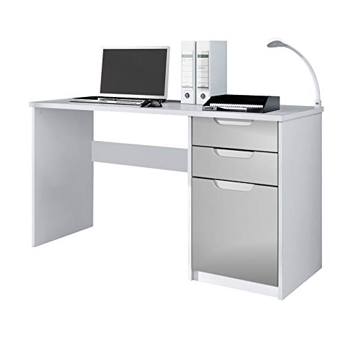 Vladon Schreibtisch Logan, Made in Germany, Bürotisch mit 2 Schubladen und 1 Tür, Weiß matt/Hellgrau seidenmatt (129 x 76 x 60 cm) von Vladon