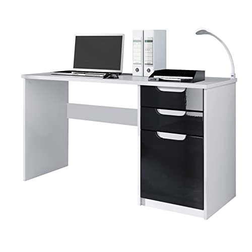Vladon Schreibtisch Logan, Made in Germany, Bürotisch mit 2 Schubladen und 1 Tür, Weiß matt/Schwarz Hochglanz (129 x 76 x 60 cm) von Vladon