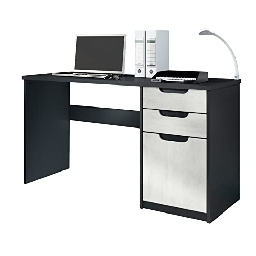 Vladon Schreibtisch Logan, Made in Germany, Bürotisch mit 2 Schubladen und 1 Tür, Schwarz matt/Beton Oxid Optik (129 x 76 x 60 cm) von Vladon