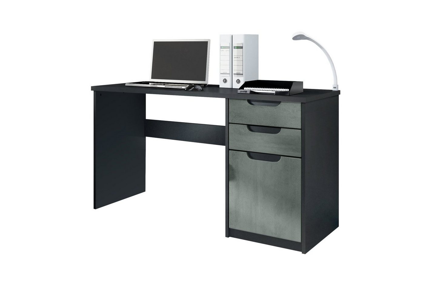 Vladon Schreibtisch Logan (Bürotisch, mit 2 Schubladen und 1 Tür), Schwarz matt/Beton Dunkel Optik (129 x 76 x 60 cm) von Vladon