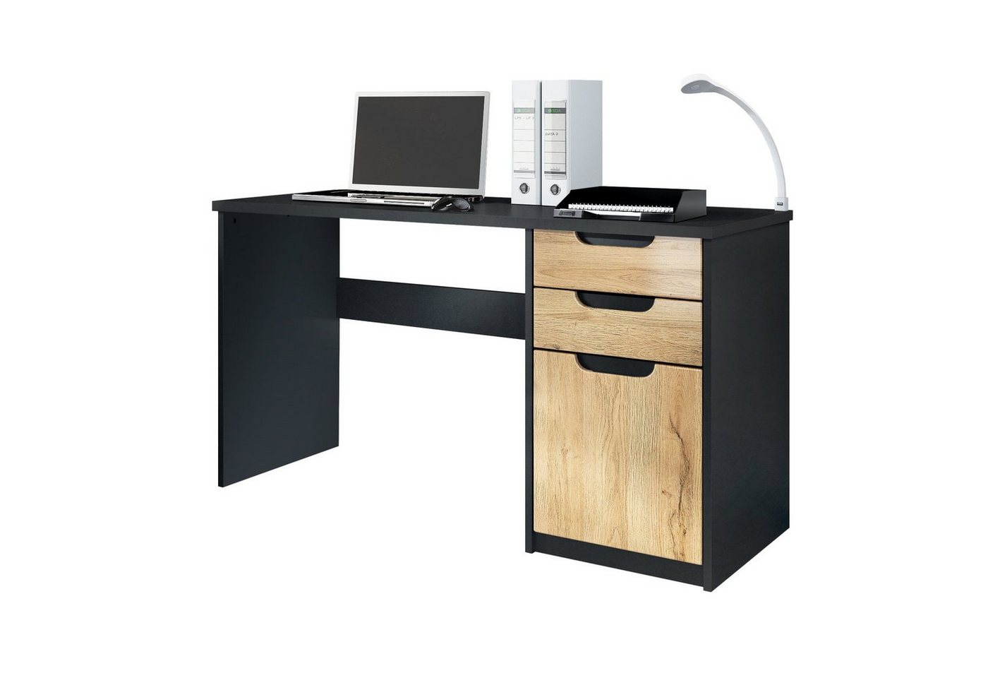 Vladon Schreibtisch Logan (Bürotisch, mit 2 Schubladen und 1 Tür), Schwarz matt/Eiche Natur (129 x 76 x 60 cm) von Vladon