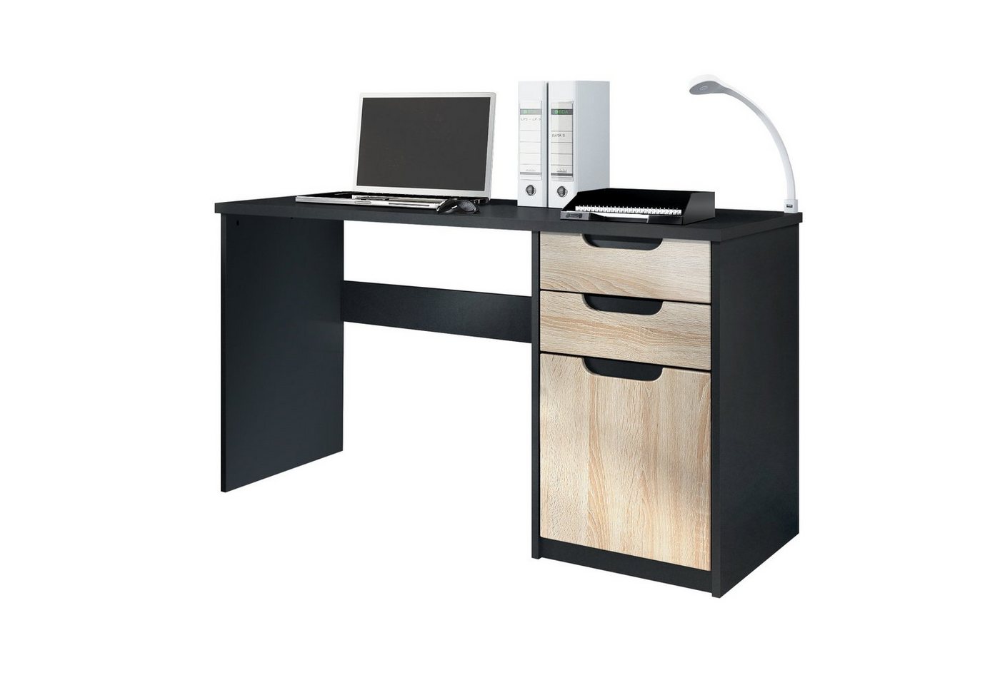 Vladon Schreibtisch Logan (Bürotisch, mit 2 Schubladen und 1 Tür), Schwarz matt/Eiche sägerau (129 x 76 x 60 cm) von Vladon