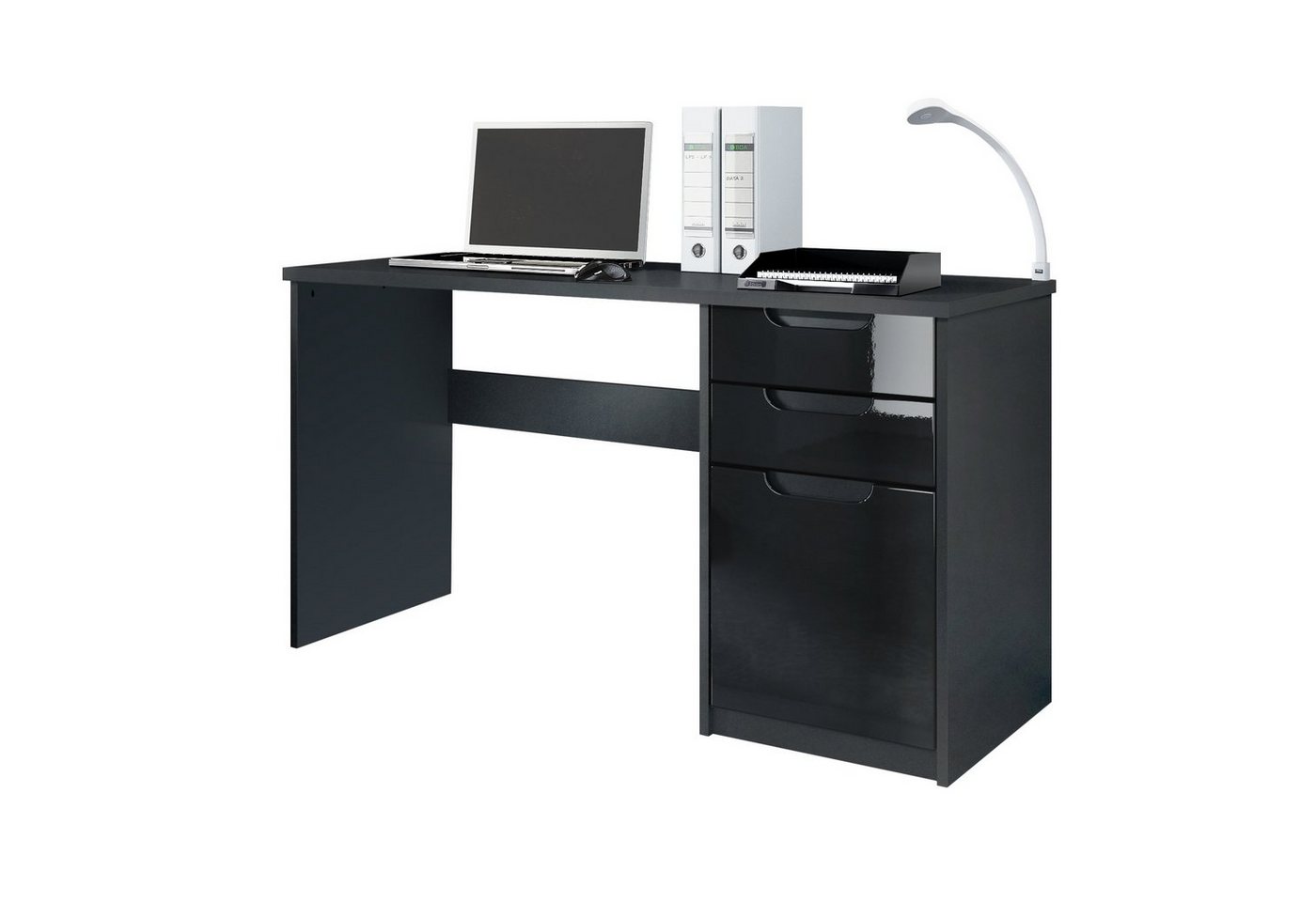 Vladon Schreibtisch Logan (Bürotisch, mit 2 Schubladen und 1 Tür), Schwarz matt/Schwarz Hochglanz (129 x 76 x 60 cm) von Vladon