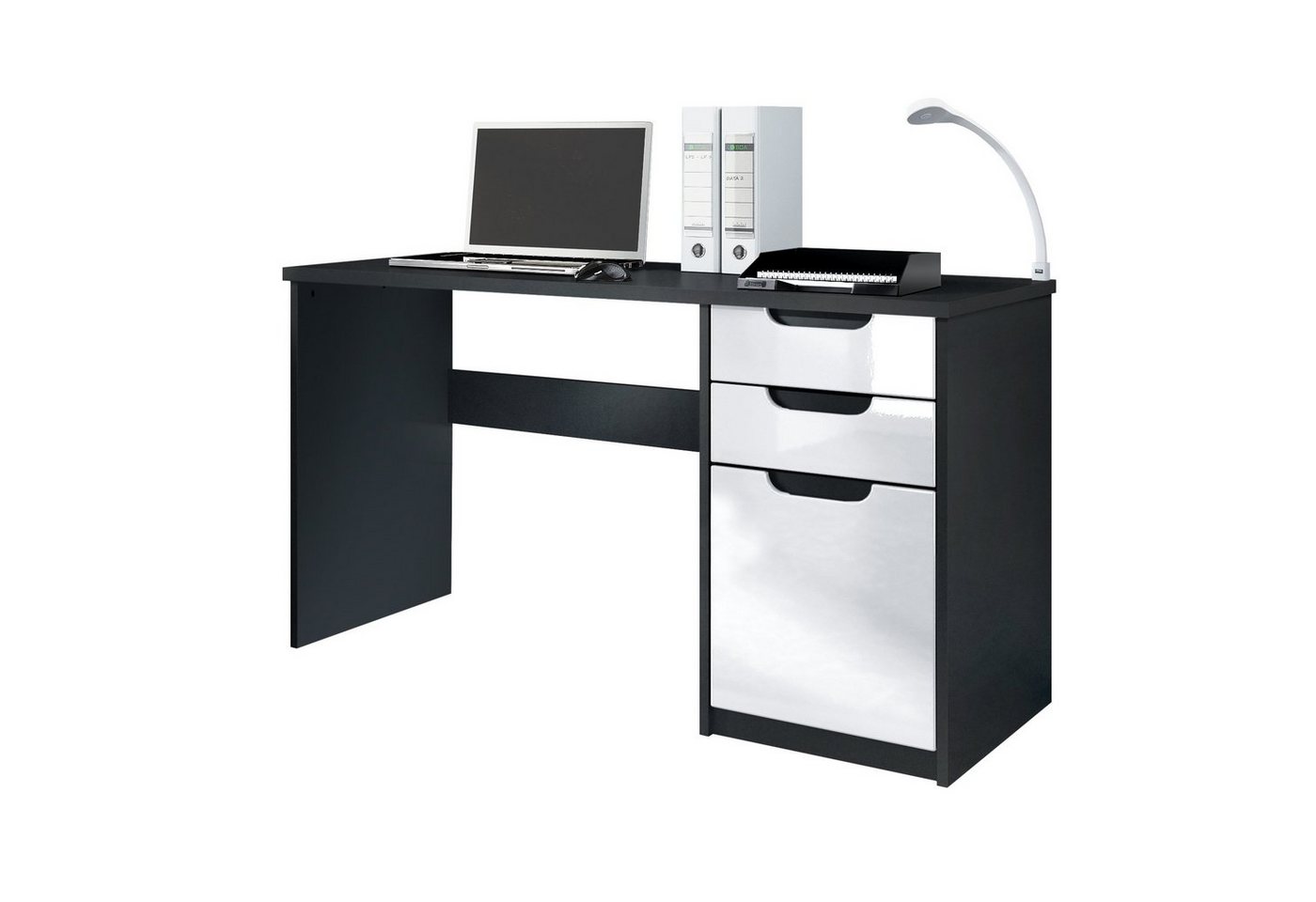 Vladon Schreibtisch Logan (Bürotisch, mit 2 Schubladen und 1 Tür), Schwarz matt/Weiß Hochglanz (129 x 76 x 60 cm) von Vladon