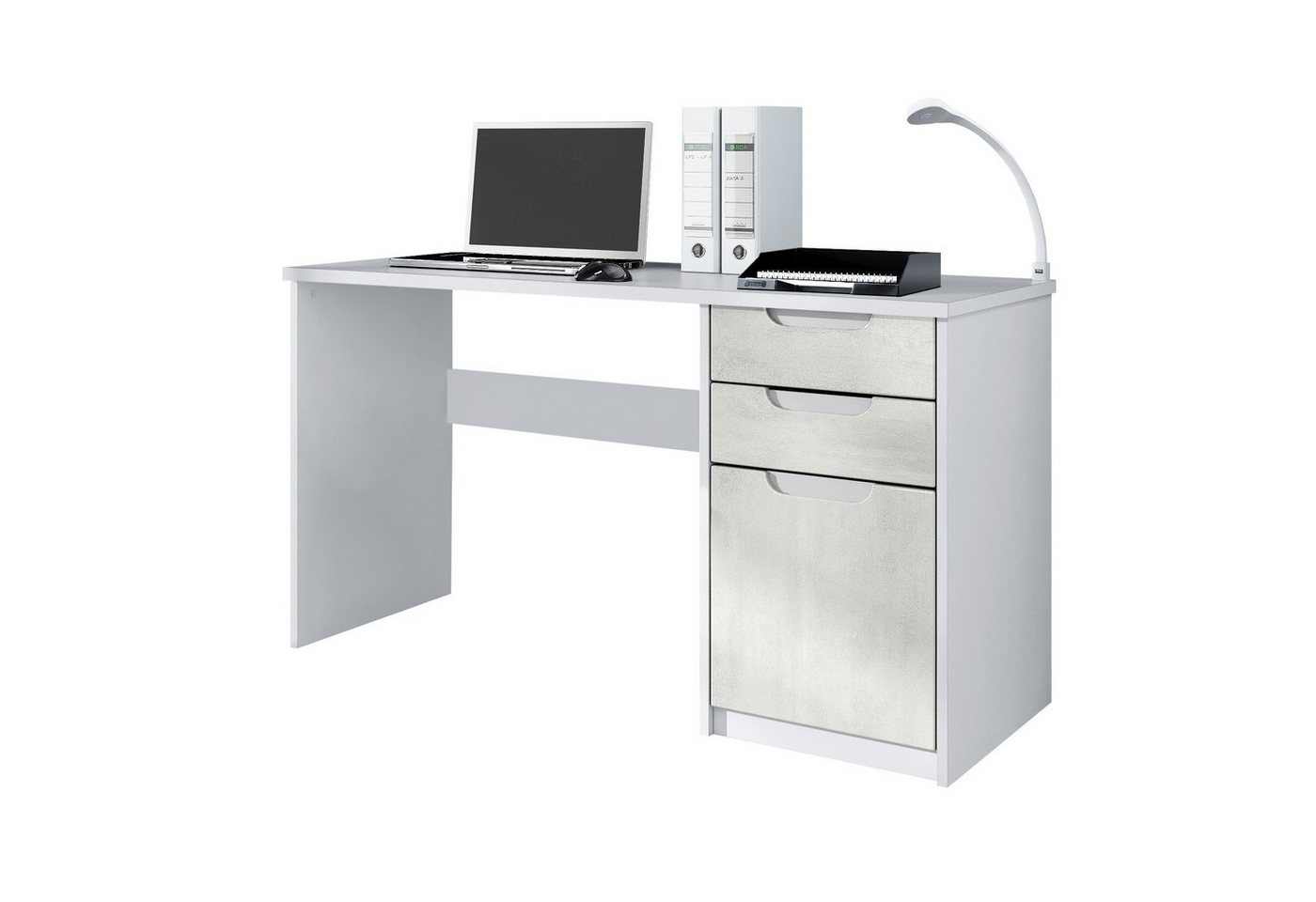 Vladon Schreibtisch Logan (Bürotisch, mit 2 Schubladen und 1 Tür), Weiß matt/Beton Oxid Optik (129 x 76 x 60 cm) von Vladon