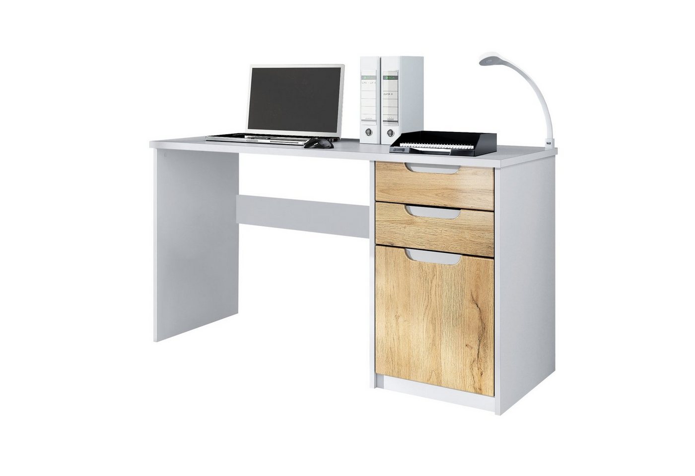 Vladon Schreibtisch Logan (Bürotisch, mit 2 Schubladen und 1 Tür), Weiß matt/Eiche Natur (129 x 76 x 60 cm) von Vladon