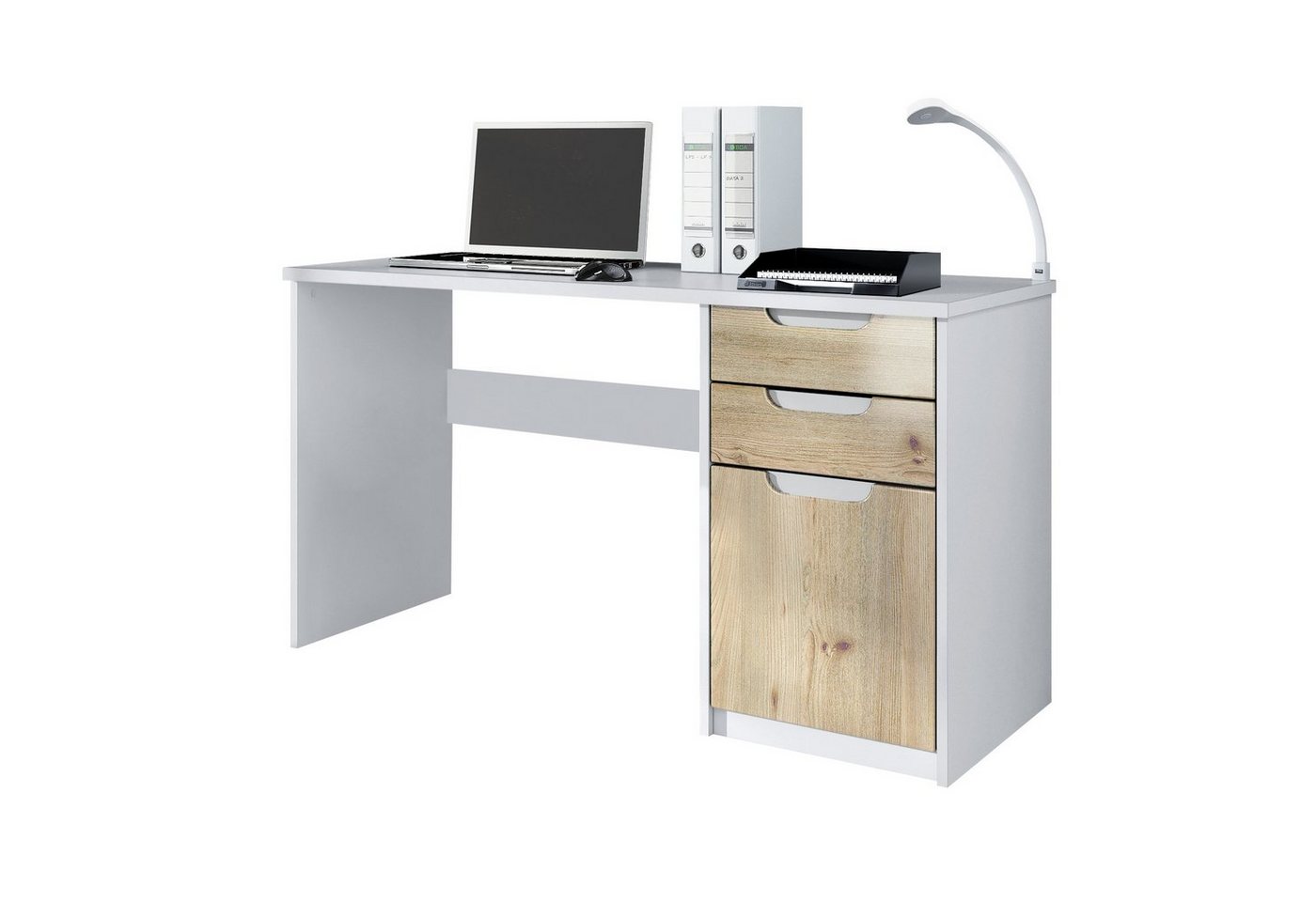 Vladon Schreibtisch Logan (Bürotisch, mit 2 Schubladen und 1 Tür), Weiß matt/Eiche Nordic (129 x 76 x 60 cm) von Vladon