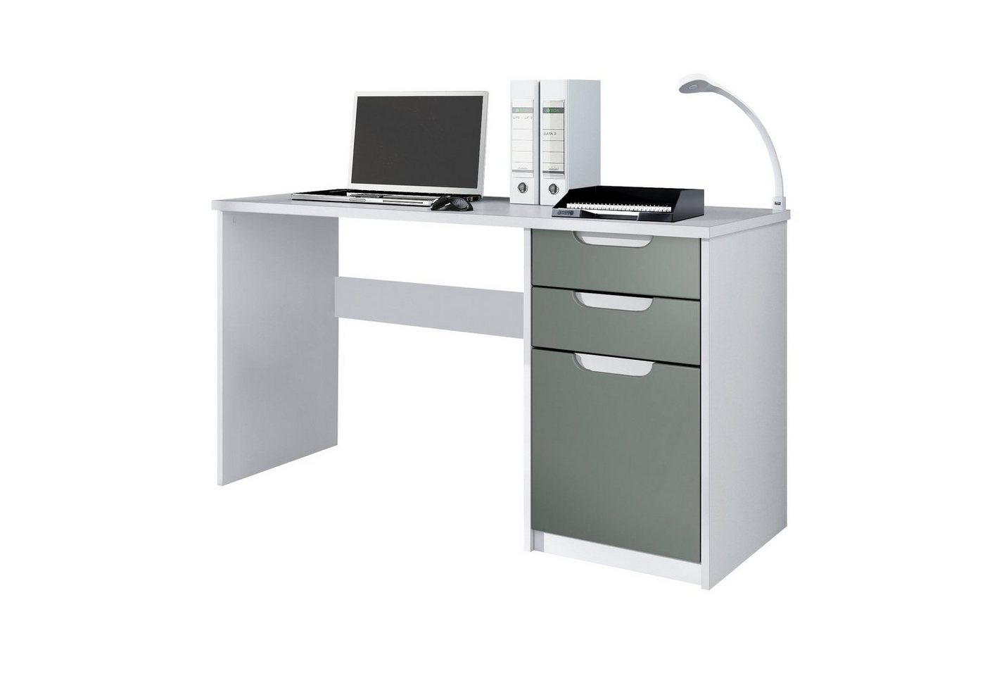 Vladon Schreibtisch Logan (Bürotisch, mit 2 Schubladen und 1 Tür), Weiß matt/Graphit Seidenmatt (129 x 76 x 60 cm) von Vladon
