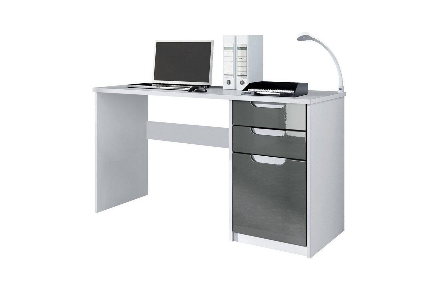 Vladon Schreibtisch Logan (Bürotisch, mit 2 Schubladen und 1 Tür), Weiß matt/Grau Hochglanz (129 x 76 x 60 cm) von Vladon