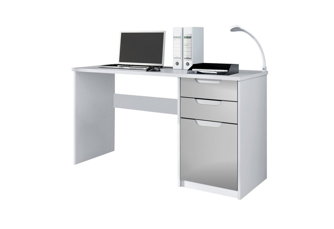 Vladon Schreibtisch Logan (Bürotisch, mit 2 Schubladen und 1 Tür), Weiß matt/Hellgrau Seidenmatt (129 x 76 x 60 cm) von Vladon