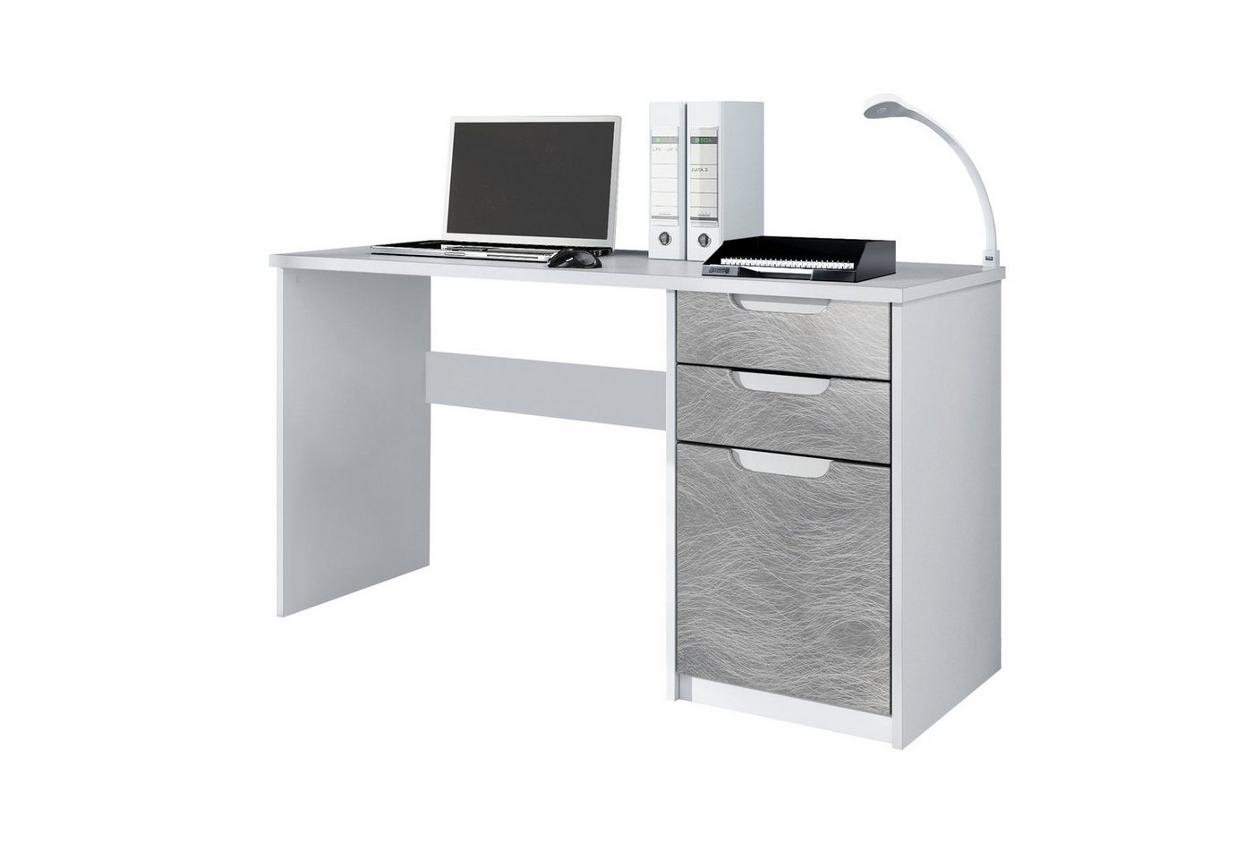 Vladon Schreibtisch Logan (Bürotisch, mit 2 Schubladen und 1 Tür), Weiß matt/Scratchy Metal (129 x 76 x 60 cm) von Vladon
