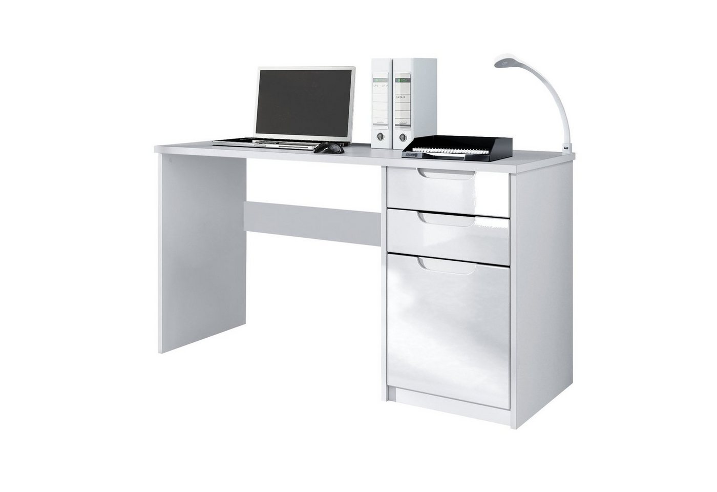Vladon Schreibtisch Logan (Bürotisch, mit 2 Schubladen und 1 Tür), Weiß matt/Weiß Hochglanz (129 x 76 x 60 cm) von Vladon