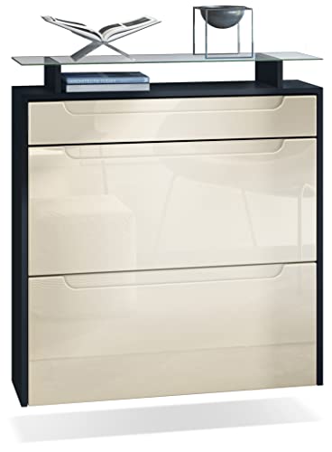 Vladon Schuhschrank Annie, Schuhkipper für 16 Paar Schuhe mit 2 Klappen, 1 Schublade und Glasablage, Schwarz matt/Creme Hochglanz, Griffmulden in Creme Hochglanz (89 x 95,5 x 23 cm) von Vladon
