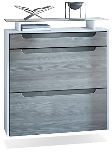 Vladon Schuhschrank Annie, Schuhkipper für 16 Paar Schuhe mit 2 Klappen, 1 Schublade und Glasablage, Weiß matt/Avola Anthrazit, Griffmulden in Grau Hochglanz (89 x 96 x 23 cm) von Vladon