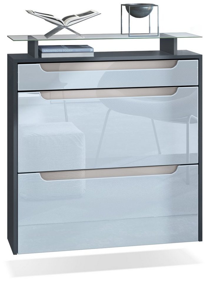 Vladon Schuhschrank Annie (Schuhkipper für 16 Paar Schuhe, mit 2 Klappen, Schublade und Glasablage) Anthrazit matt/ Weiß glänzend/Sandgrau glänzend (89x96x23 cm) von Vladon