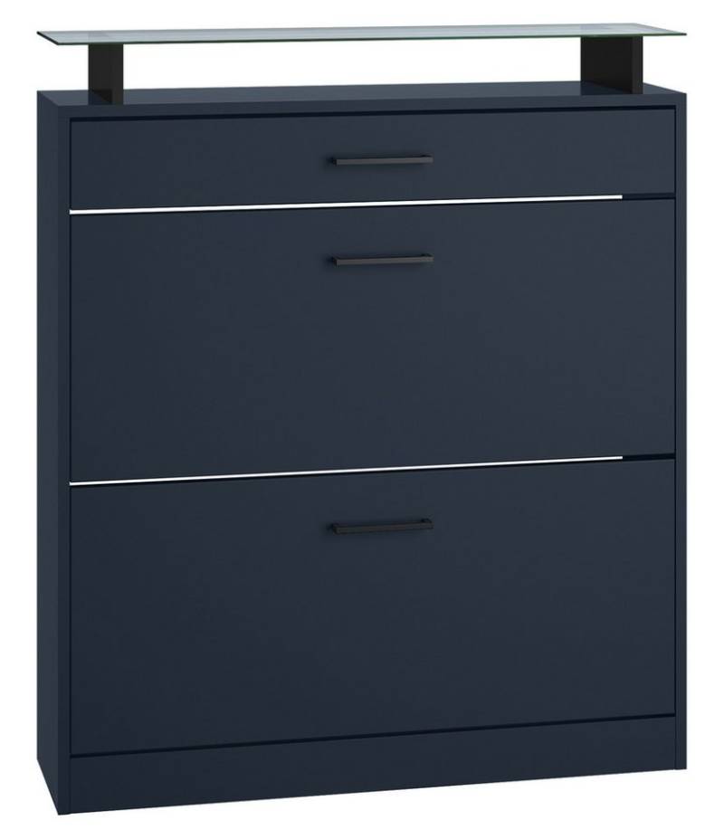 Vladon Schuhschrank Enigma (Schuhkipper, für 16 Paar Schuhe mit 2 Klappen und 1 Schublade und Glasablage) Royal Blau (89 x 104 x 23 cm) von Vladon