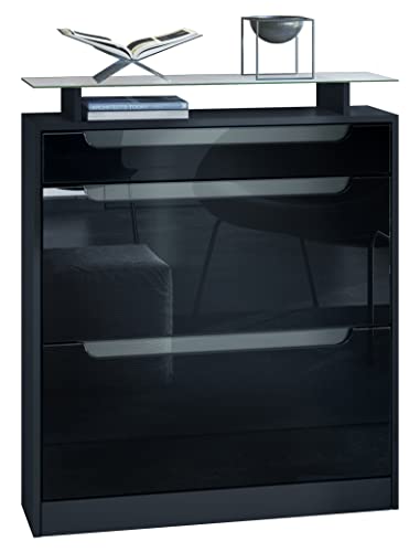 Vladon Schuhschrank Fiesta, Schwarz matt/Schwarz Hochglanz/Grau Hochglanz - Schuhkipper für 16 Paar Schuhe (89 x 104 x 23 cm) von Vladon