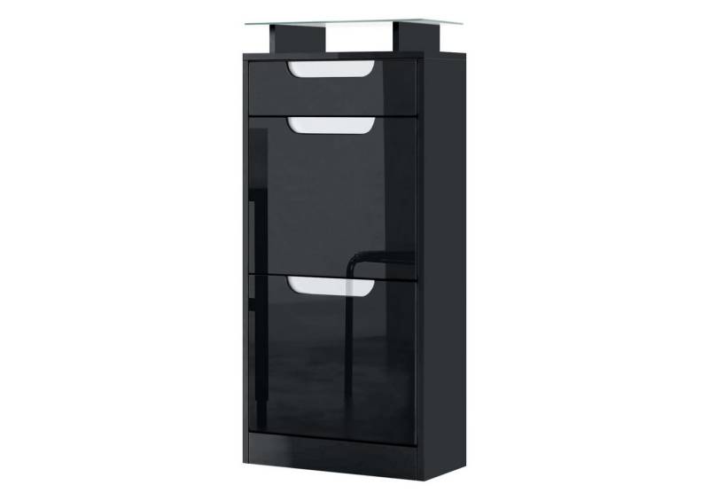 Vladon Schuhschrank Fiesta (Schuhkipper für 8 Paar Schuhe, mit 2 Klappen, Schublade und Glasablage) Schwarz matt/Schwarz glänzend, Mulden in Weiß glänzend (46x104x23 cm) von Vladon