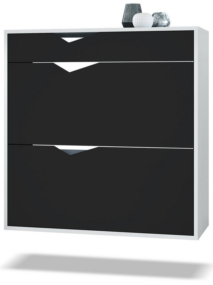 Vladon Schuhschrank Kolmio (Schuhkipper, für 16 Paar Schuhe mit 2 Klappen und Schublade) Weiß matt/Schwarz matt (85 x 87 x 33 cm) von Vladon
