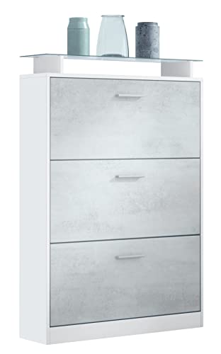 Vladon Schuhschrank Lavia, Made in Germany, Schuhkipper für 24 Paar Schuhe mit 3 Klappen und Glasablage, Weiß matt/Beton Oxid Optik (89 x 128 x 23 cm) von Vladon
