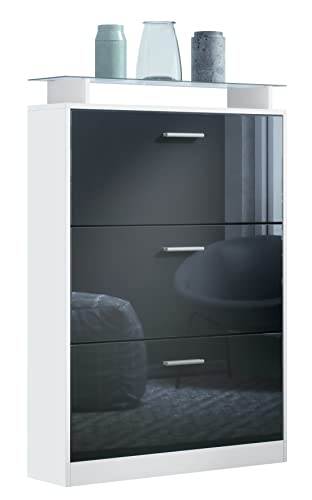 Vladon Schuhschrank Lavia, Made in Germany, Schuhkipper für 24 Paar Schuhe mit 3 Klappen und Glasablage, Weiß matt/Schwarz Hochglanz (89 x 128 x 23 cm) von Vladon