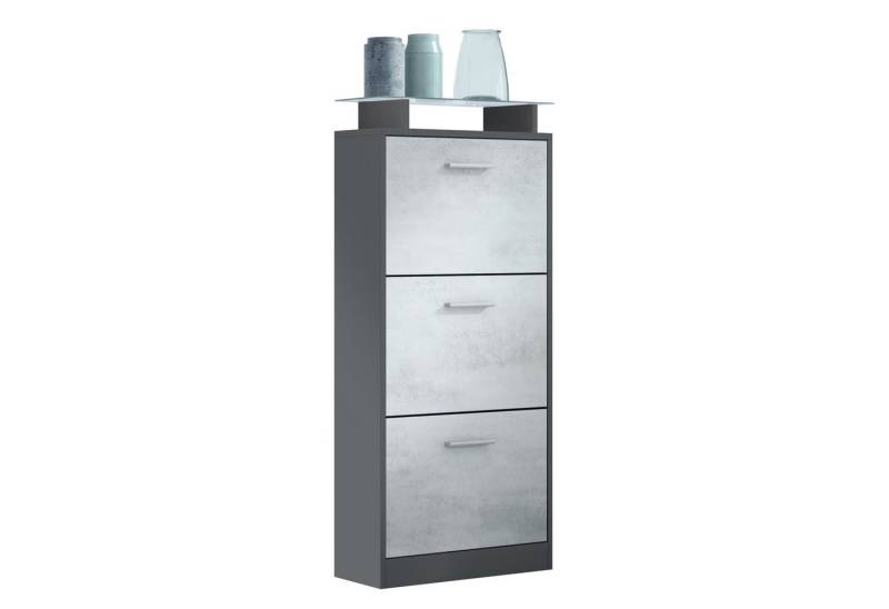 Vladon Schuhschrank Lavia V2 (Schuhkipper, für 12 Paar Schuhe mit 3 Klappen und Glasablage) Anthrazit matt/Beton Oxid Optik (46 x 128 x 23 cm) von Vladon