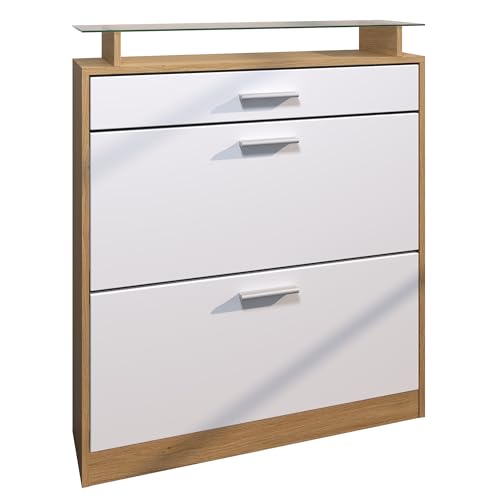 Vladon Schuhschrank Loret, Schuhkipper für 16 Paar Schuhe mit 1 Schublade, Schuhregal in Eiche Skandi/Weiß matt (89 x 104 x 23 cm) von Vladon