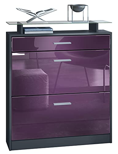 Vladon Schuhschrank Loret, Schuhkipper für 16 Paar Schuhe mit 2 Klappen, 1 Schublade und Glasablage, Anthrazit matt/Brombeer Hochglanz, (89 x 104 x 23 cm). von Vladon