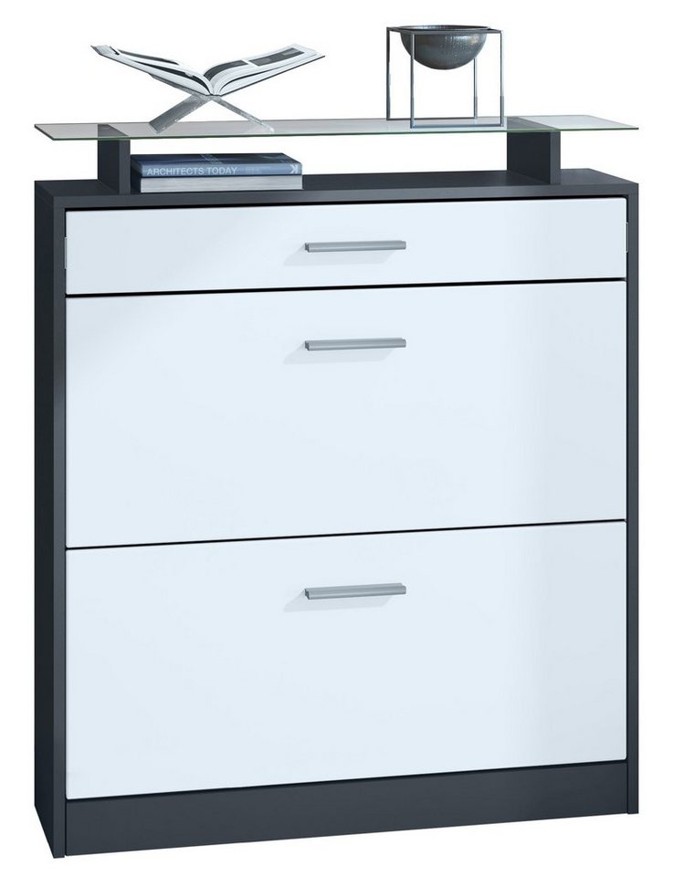 Vladon Schuhschrank Loret (Schuhkipper für 16 Paar Schuhe, mit 2 Klappen und 1 Schublade und Glasablage) Anthrazit matt/Weiß matt (89 x 104 x 23 cm) von Vladon