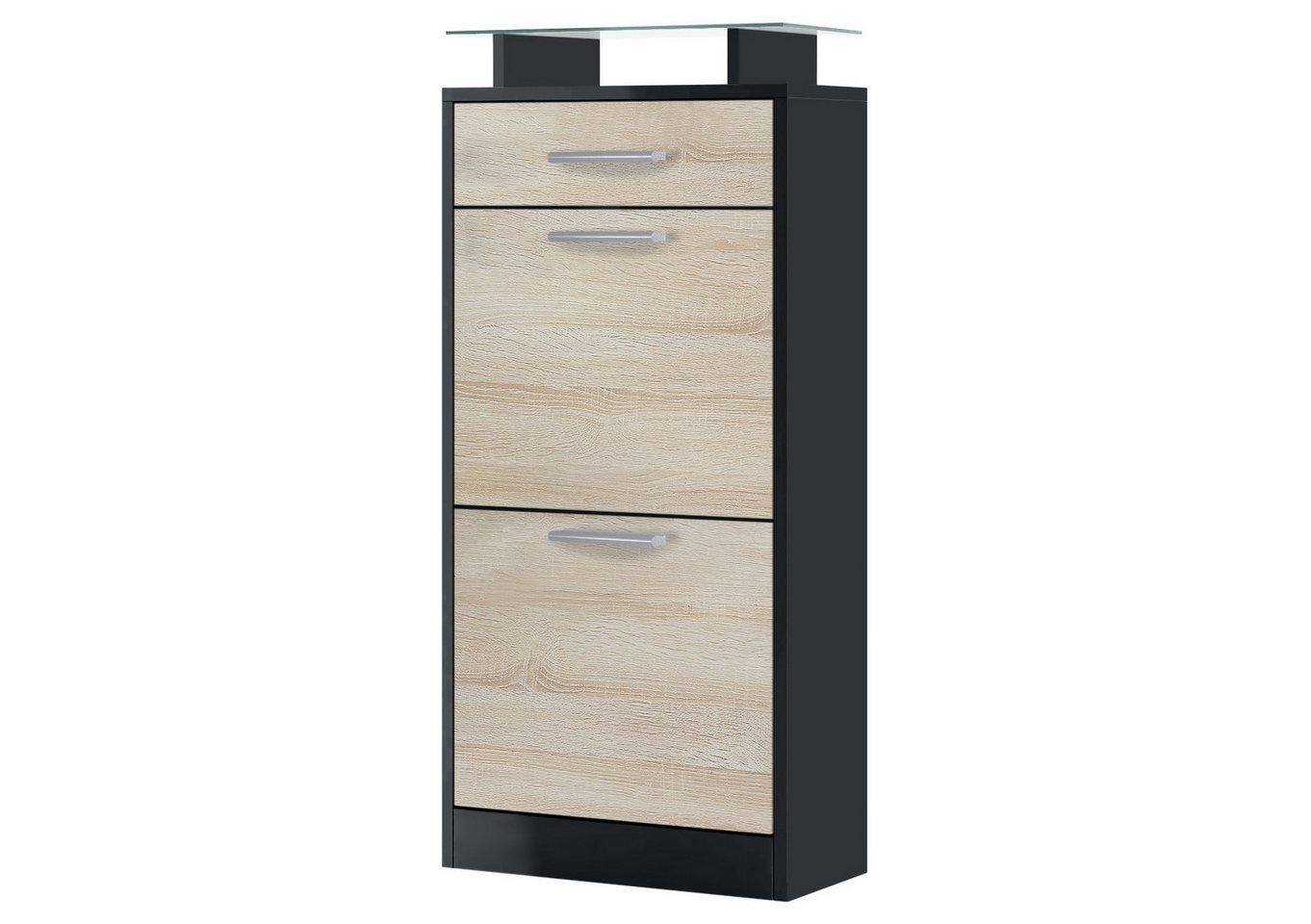 Vladon Schuhschrank Loret V2 (Schuhkipper für 8 Paar Schuhe, mit 2 Klappen, 1 Schublade und Glasablage) Schwarz matt/Eiche sägerau (46 x 104 x 23 cm) von Vladon