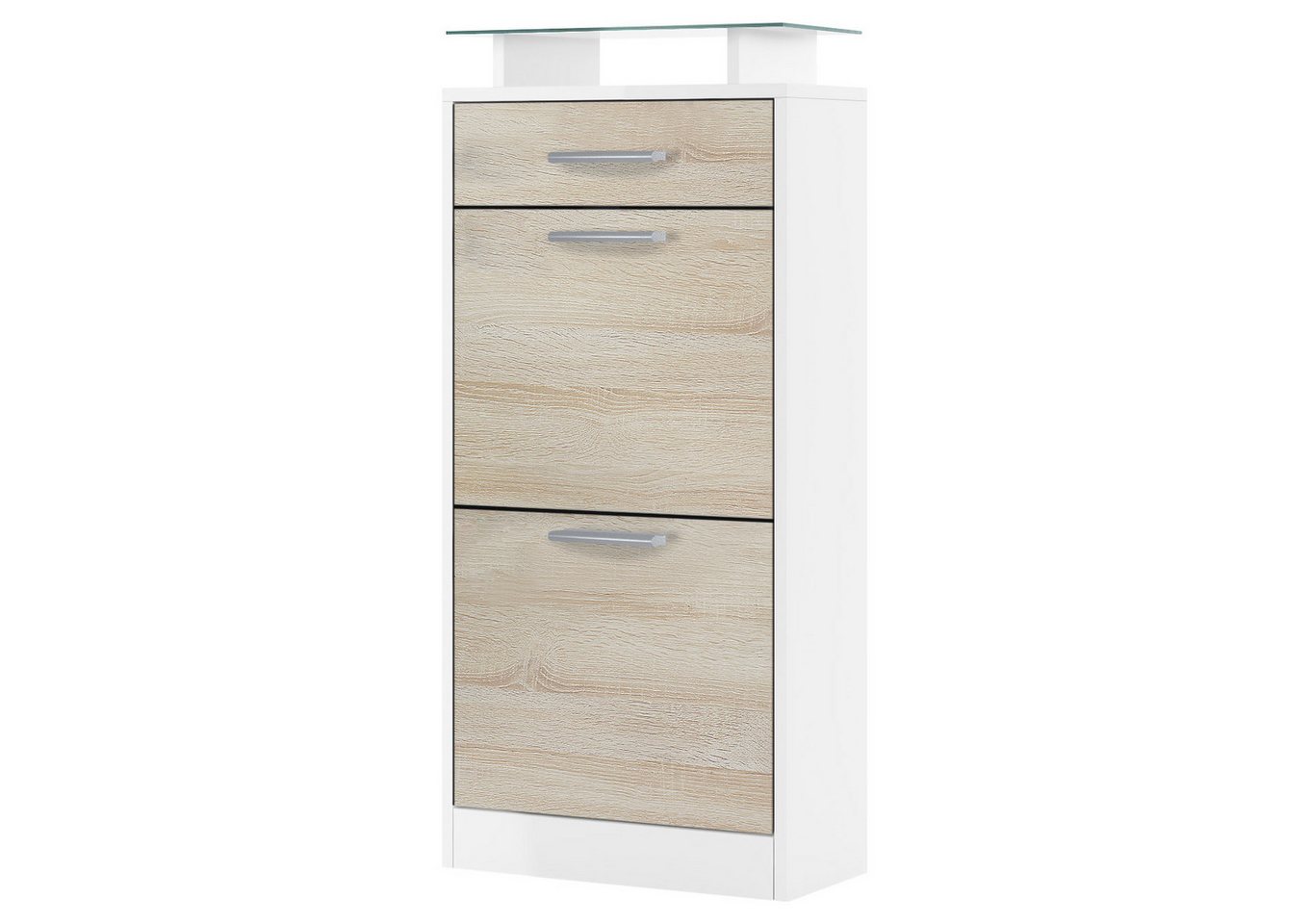 Vladon Schuhschrank Loret V2 (Schuhkipper für 8 Paar Schuhe, mit 2 Klappen, 1 Schublade und Glasablage) Weiß matt/Eiche sägerau (46 x 104 x 23 cm) von Vladon