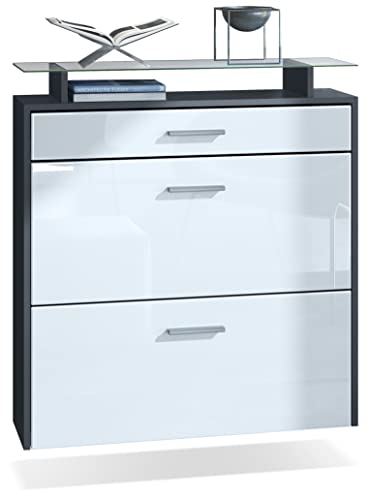 Vladon Schuhschrank Malea, Anthrazit matt/Weiß Hochglanz - hängender Schuhkipper für 16 Paar Schuhe (89 x 96 x 23 cm) von Vladon