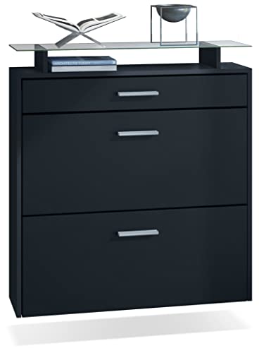 Vladon Schuhschrank Malea, hängender Schuhkipper für 16 Paar Schuhe mit 2 Klappen und 1 Schublade und Glasablage, Schwarz matt/Schwarz matt (89 x 96 x 23 cm) von Vladon