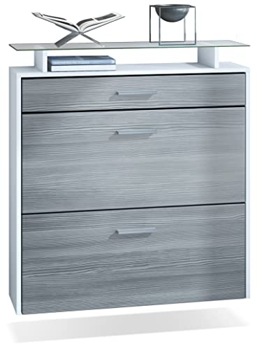 Vladon Schuhschrank Malea, hängender Schuhkipper für 16 Paar Schuhe mit 2 Klappen und 1 Schublade und Glasablage, Weiß matt/Avola-Anthrazit (89 x 96 x 23 cm) von Vladon