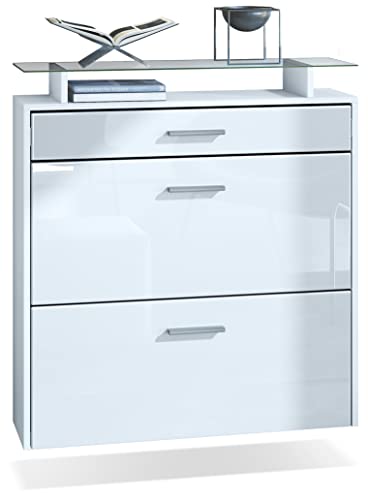 Vladon Schuhschrank Malea, hängender Schuhkipper für 16 Paar Schuhe mit 2 Klappen und 1 Schublade und Glasablage, Weiß matt/Weiß Hochglanz (89 x 96 x 23 cm) von Vladon
