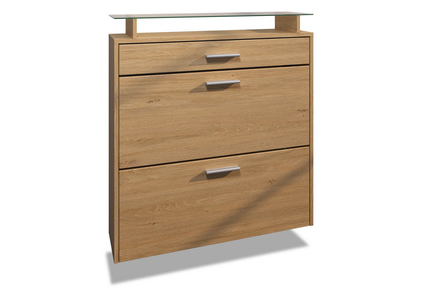 Vladon Schuhschrank Malea (hängender Schuhkipper für 16 Paar Schuhe, mit 1 Schublade und Glasablage) Schuhregal in Eiche Skandi / Eiche Skandi (89 x 95,5 x 23 cm) von Vladon