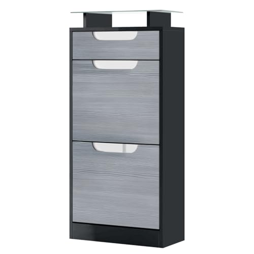 Vladon Schuhschrank Schuhkipper Fiesta V2, Korpus in Schwarz matt/Front in Avola-Anthrazit mit Absetzungen in Weiß Hochglanz von Vladon