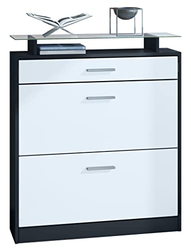 Vladon Schuhschrank Loret, Schuhkipper für 16 Paar Schuhe mit 2 Klappen und 1 Schublade und Glasablage, Schwarz matt/Weiß matt (89 x 104 x 23 cm) Vladon Schuhschrank Loret, Schuhkipper für 16 Paar Schuhe mit 2 Klappen und 1 Schublade und Glasablage, Schwarz matt/Weiß matt (89 x 104 x 23 cm) von Vladon