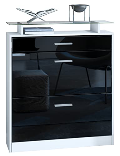Vladon Schuhschrank Loret 89 x 104 x 23 cm Schuhkipper für 16 Paar Schuhe mit 1 Schublade, 1 Glasablage, Farben Weiß matt & Schwarz Hochglanz von Vladon