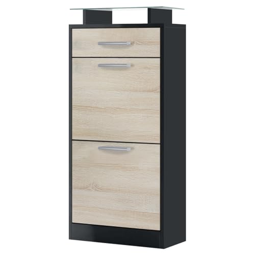 Vladon Schuhschrank Loret V2, Schuhkipper für 8 Paar Schuhe mit 2 Klappen, 1 Schublade und Glasablage, Schwarz matt/Eiche Sägegrau (46 x 104 x 23 cm) Vladon Schuhschrank Loret V2, Schuhkipper für 8 Paar Schuhe mit 2 Klappen, 1 Schublade und Glasablage, Schwarz matt/Eiche Sägegrau (46 x 104 x 23 cm) von Vladon