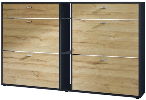 Vladon Schuhschrank Schuhkipper Today 155,5 x 95 x 28 cm, Made in Germany, Korpus in Schwarz matt, Fronten in Eiche Natur von Vladon