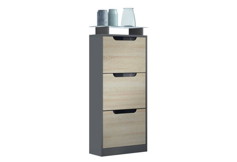 Vladon Schuhschrank Space V2 (Schuhkipper, für 12 Paar Schuhe mit 3 Klappen und Glasablage) Anthrazit matt/Eiche sägerau (46 x 128 x 23 cm) von Vladon