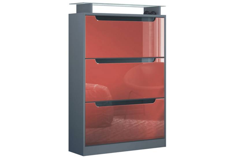 Vladon Schuhschrank Space (Schuhkipper, für 24 Paar Schuhe mit 3 Klappen und Glasablage) Anthrazit matt/Bordeaux Hochglanz (89 x 128 x 23 cm) von Vladon
